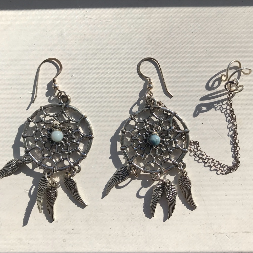 Dreamcatcher Earrings w/ Feather Charms & Ear Cuff